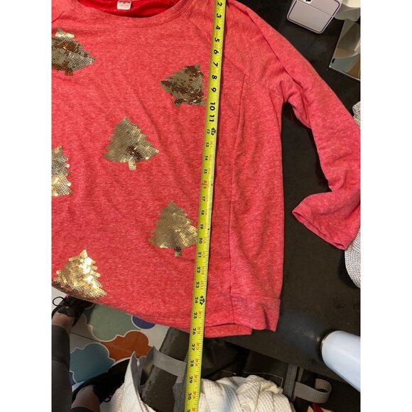 Holiday Time Red Crew Neck Long Sleeve Gold Sequin Trees Pullover Shirt Sz 20W - Picture 9 of 10